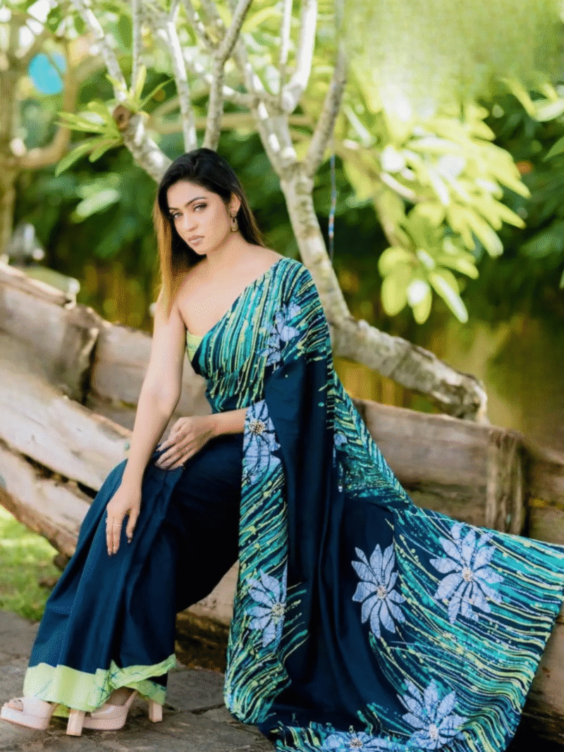 Indian Batik Saree - Green White