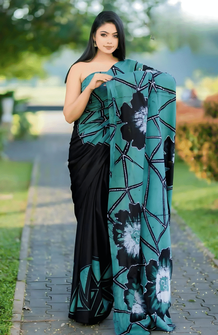 Indian Batik Saree - Black & Green