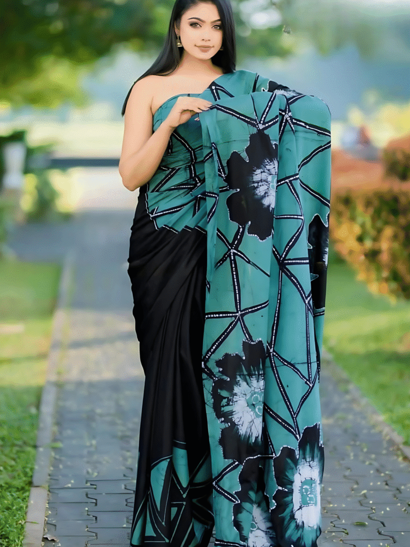 Indian Batik Saree - Black & Green