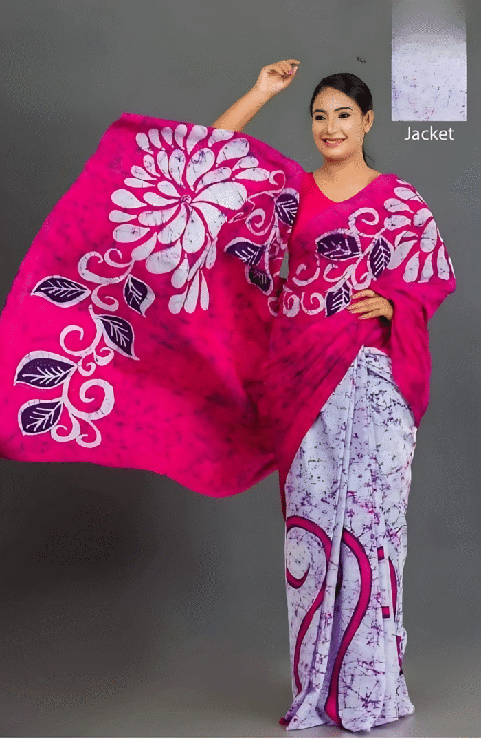Indian Batik Saree - Rose & White