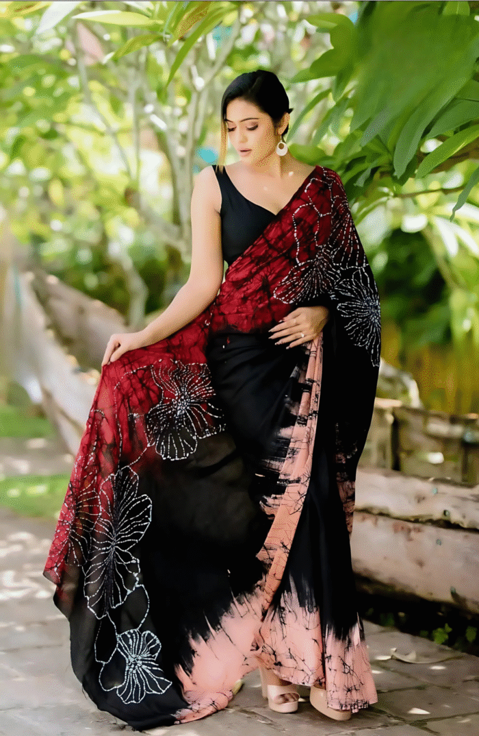 Indian Batik Saree - Black & Red