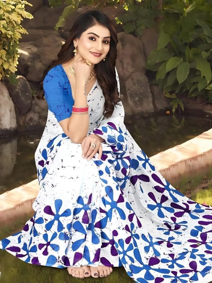 Batik Saree - බතික් සාරී | White | Blue