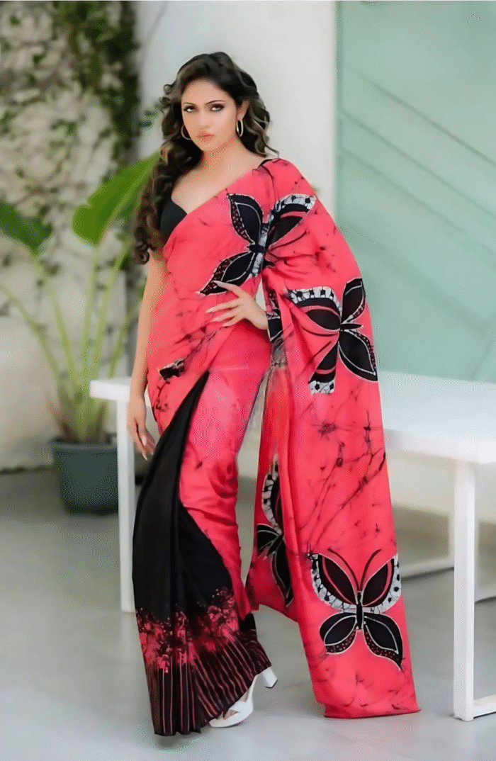 Indian Batik Saree - Black & Rose